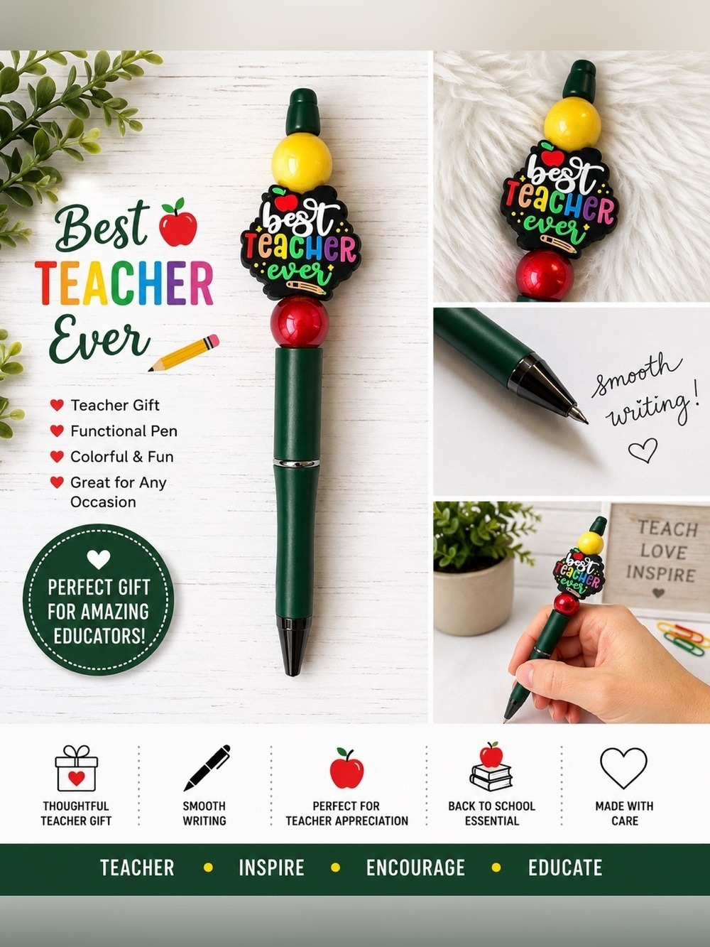 Best Teacher Ever Beaded Pen Green Handmade Gift for Teachers